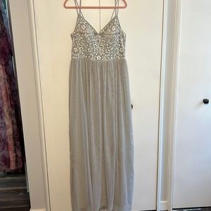 BHLDN Elowen Dress grey embroidered beading crossed spaghetti strap gown